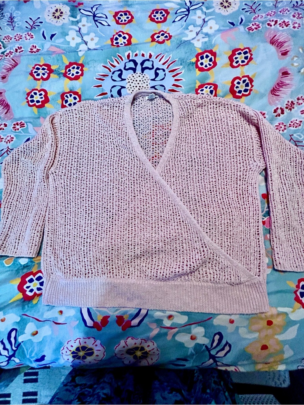 Billabong Light Pink Open Knit Wrap V-Neck Surplice Sweater